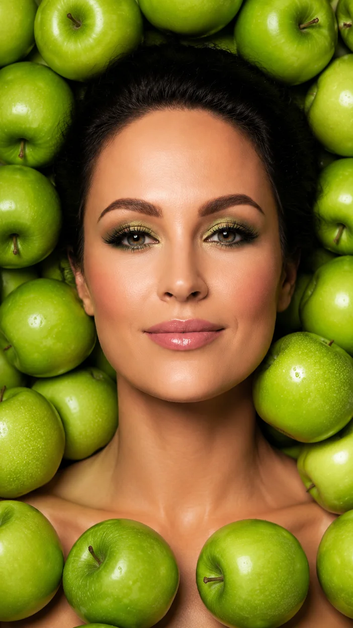 Фотосессия девушки среди зелёных яблок в beauty-студии