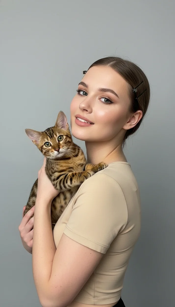 Девушка в студии с пятнистой кошкой на плече в бежевом топе полуоборот мягкий свет