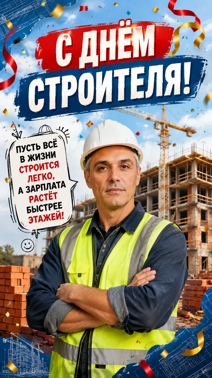 Фотооткрытка мужчине с крупной надписью «С Днём строителя!»