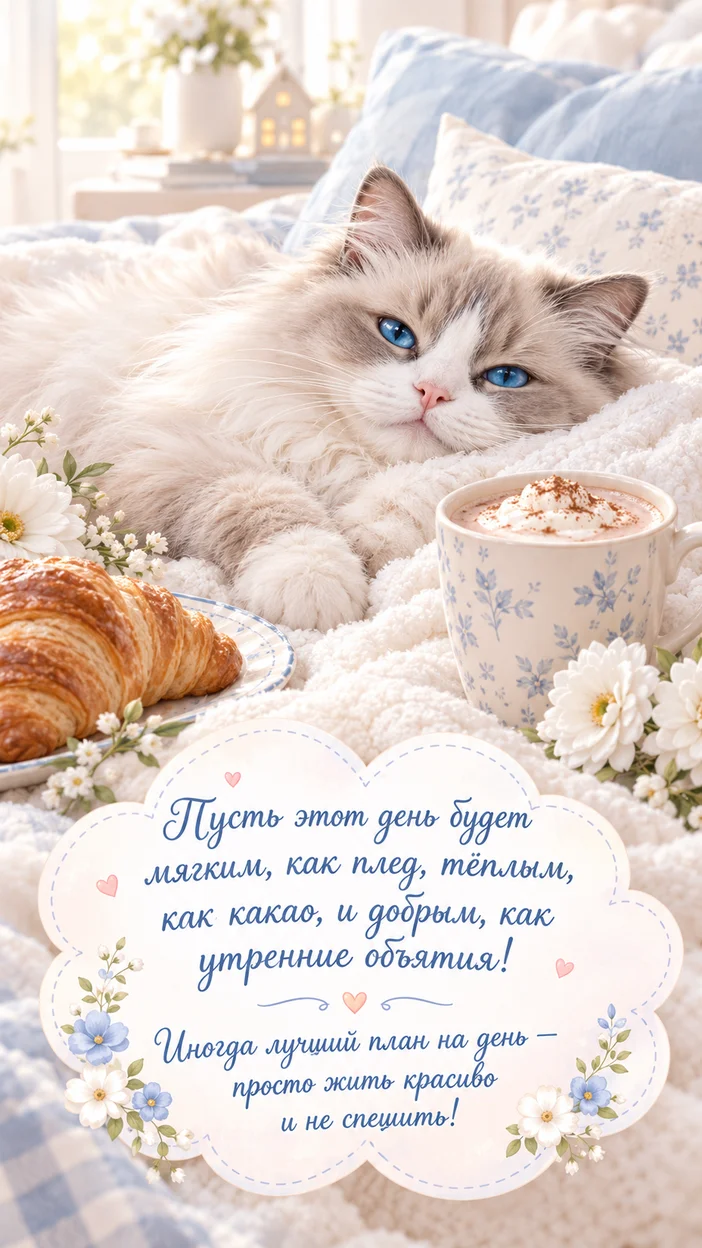 Фотосессия уютной открытки с рэгдоллом на пледе