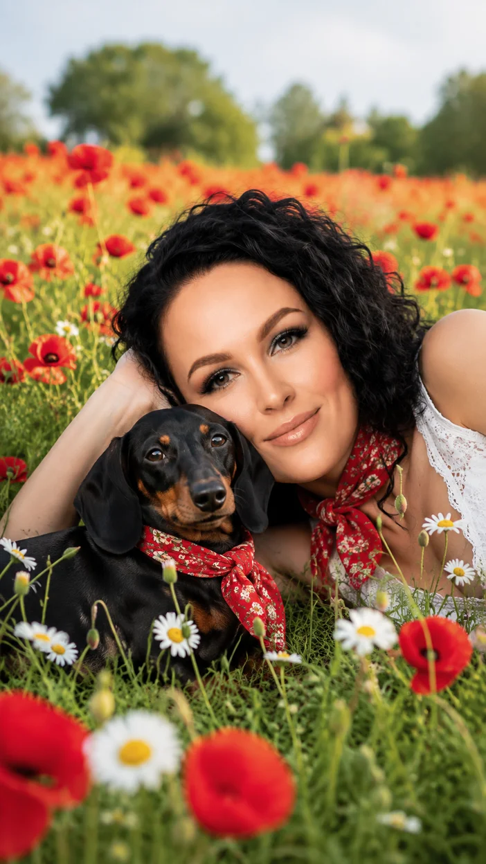 Фотосессия девушки с таксой в цветущем поле