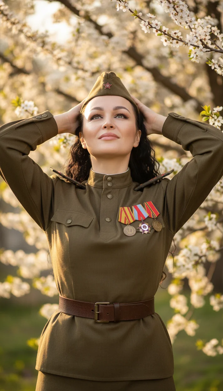  Женщина в военной форме у цветущего дерева 