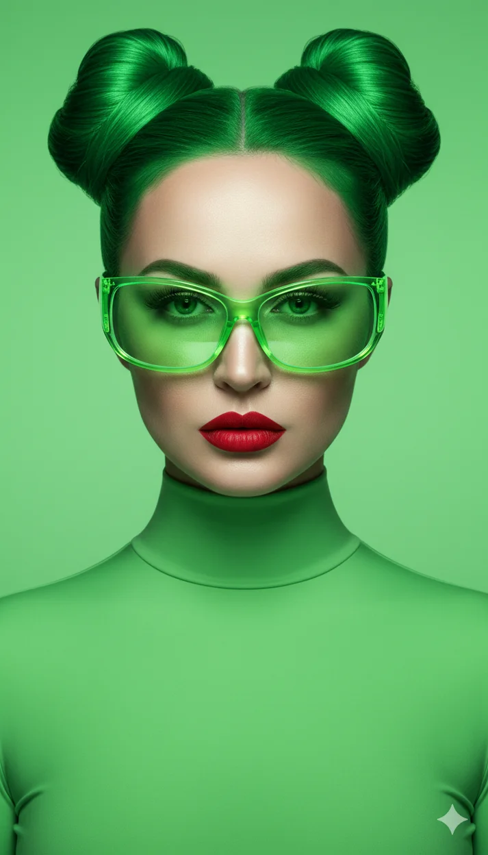 Неоновый двойной пучок в изумрудном цвете - прическа с ии 