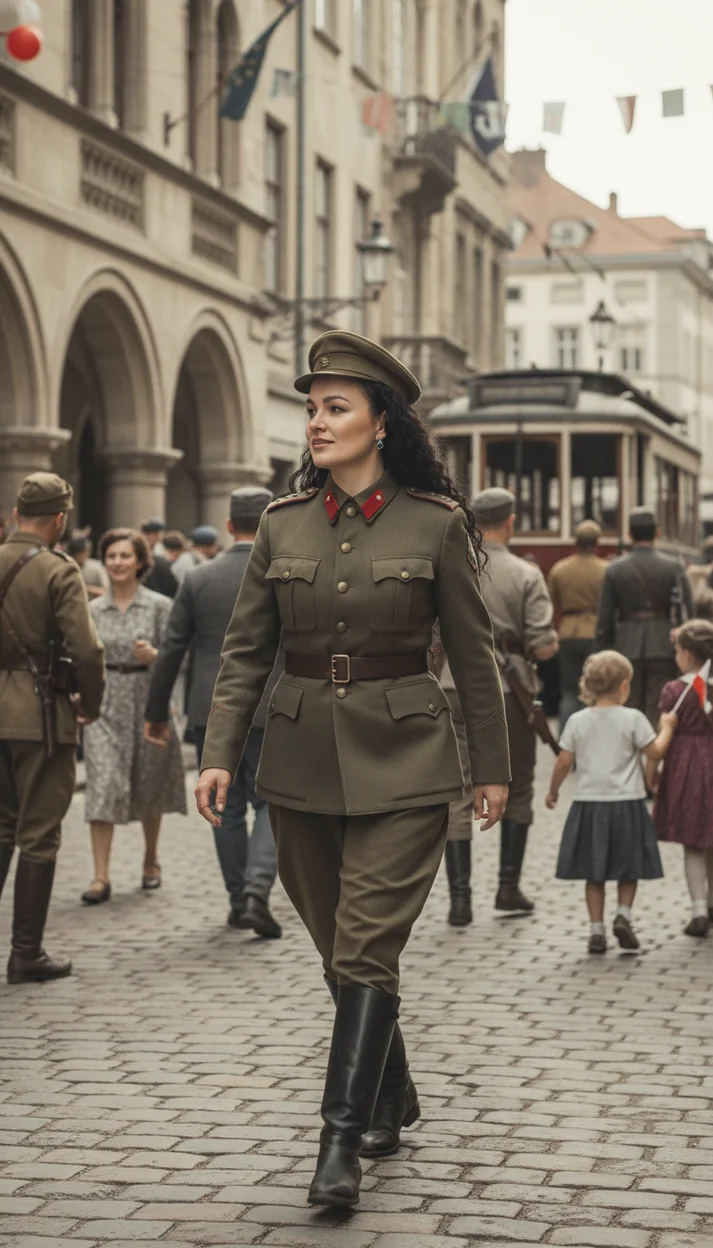  девушка в военной форме идёт по улице старого города