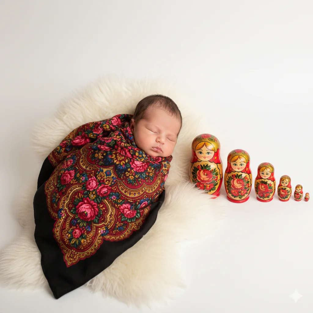 Малыш в русском платке лежит рядом с матрёшками