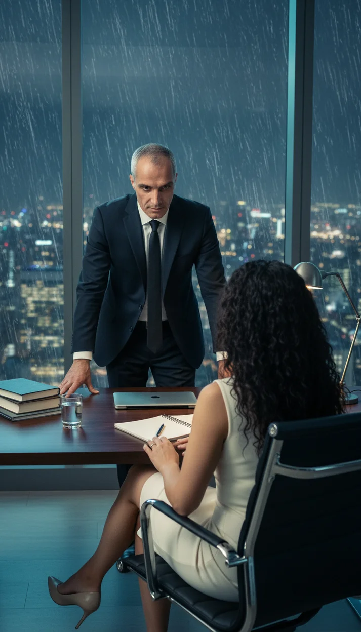 Деловая сцена в современном офисе с панорамным видом на ночной город 