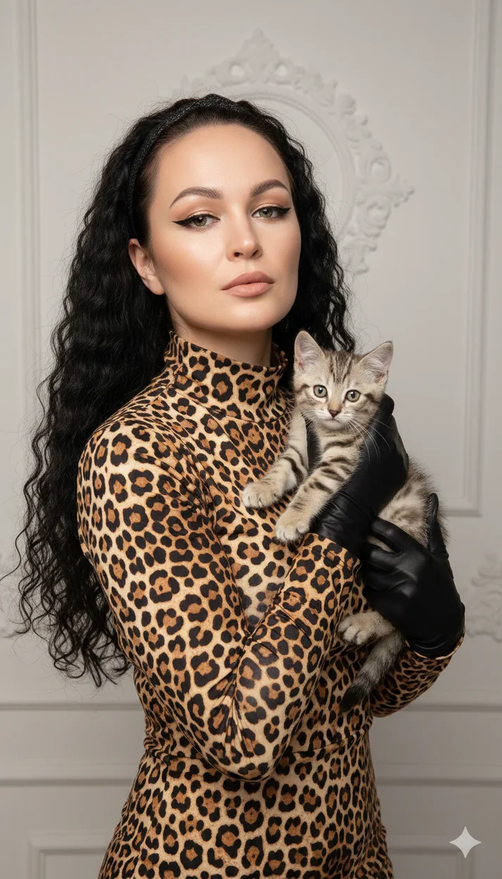 Девушка в леопардовом платье с длинными волосами держит котёнка