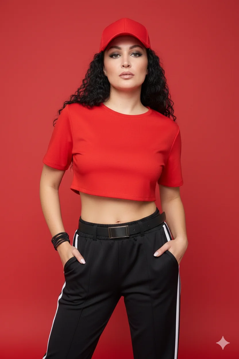 Женщина в красном топе и кепке стоит фронтально