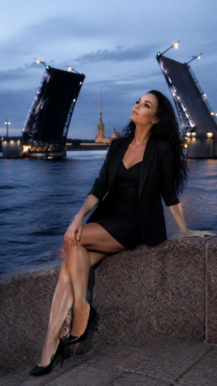 Фотосессия девушки в черном мини-платье на набережной у моста