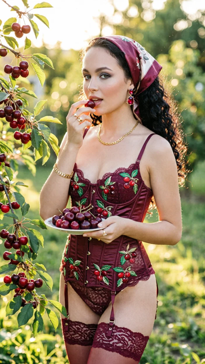 Фотосессия -  Вишнёвый сад, бордовое кружевное бельё, чулки, косынка