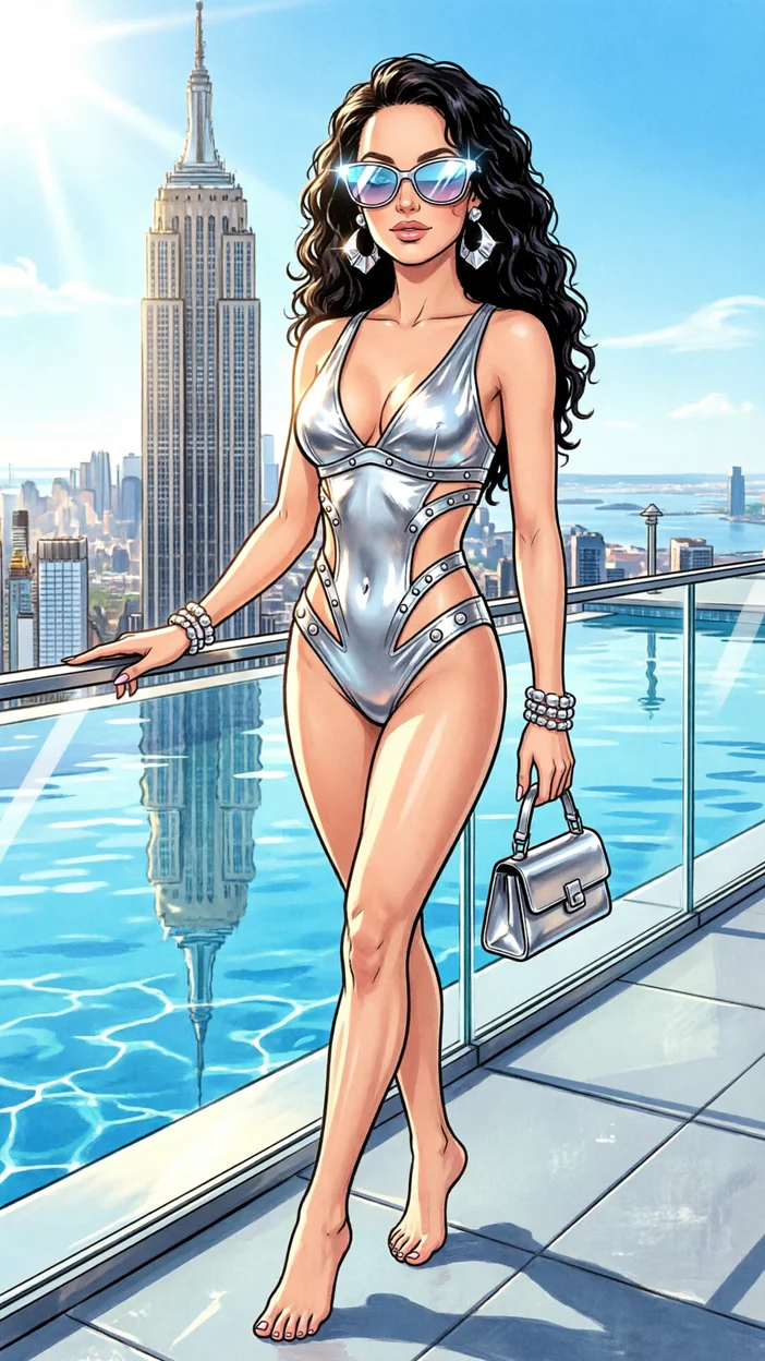 Фотосессия на rooftop-бассейне в серебристом футуристичном купальнике
