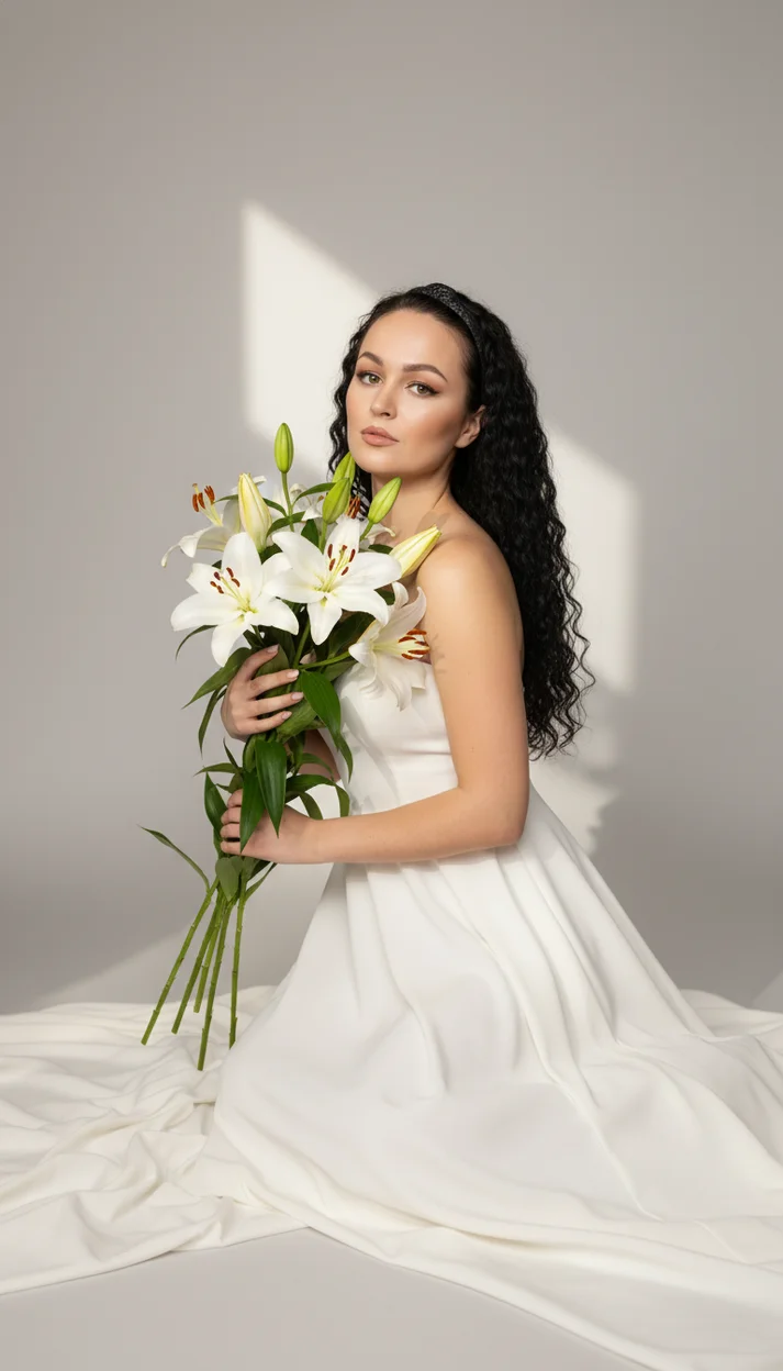 Женщина в белом платье сидит на светлом полу с букетом белых лилий