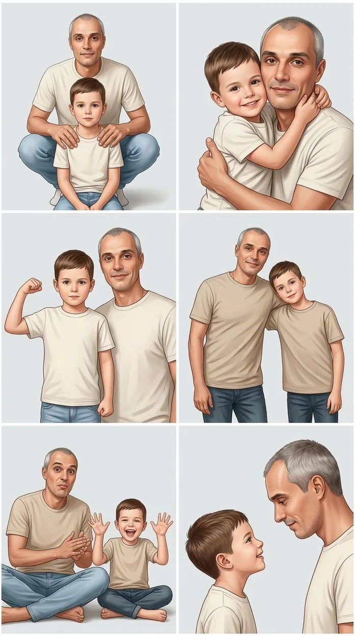 коллаж из 4–6 кадров (grid layout), один взрослый и один ребёнок в разных позах