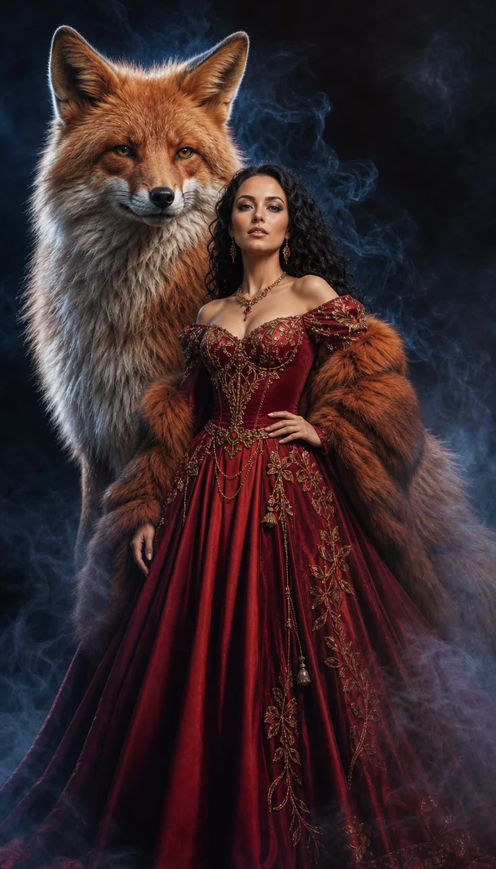 Фотосессия fantasy‑editorial: девушка в красном платье и огромная сказочная лиса в дымчатой студии