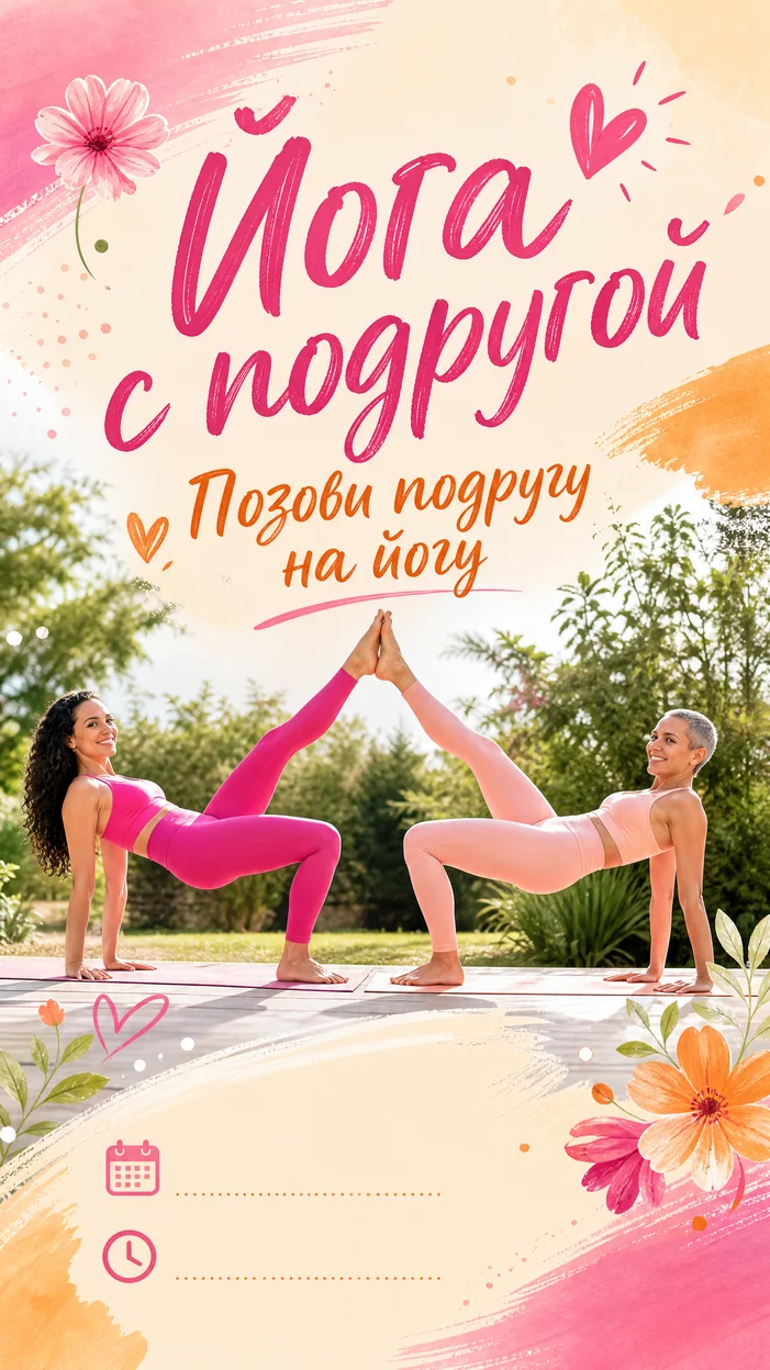 Фотосессия йога с подругой — зеркальные мостики на открытой площадке в яркой фуксия‑оранжевой палитре