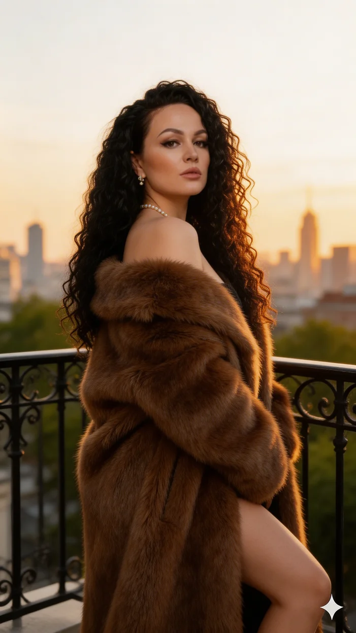 Девушка в меховой шубе на балконе