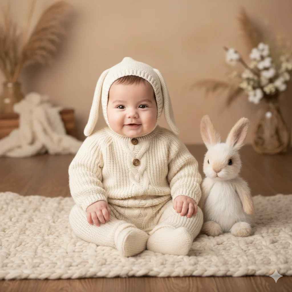 Малыш в вязаном костюме зайчика сидит рядом с кроликом