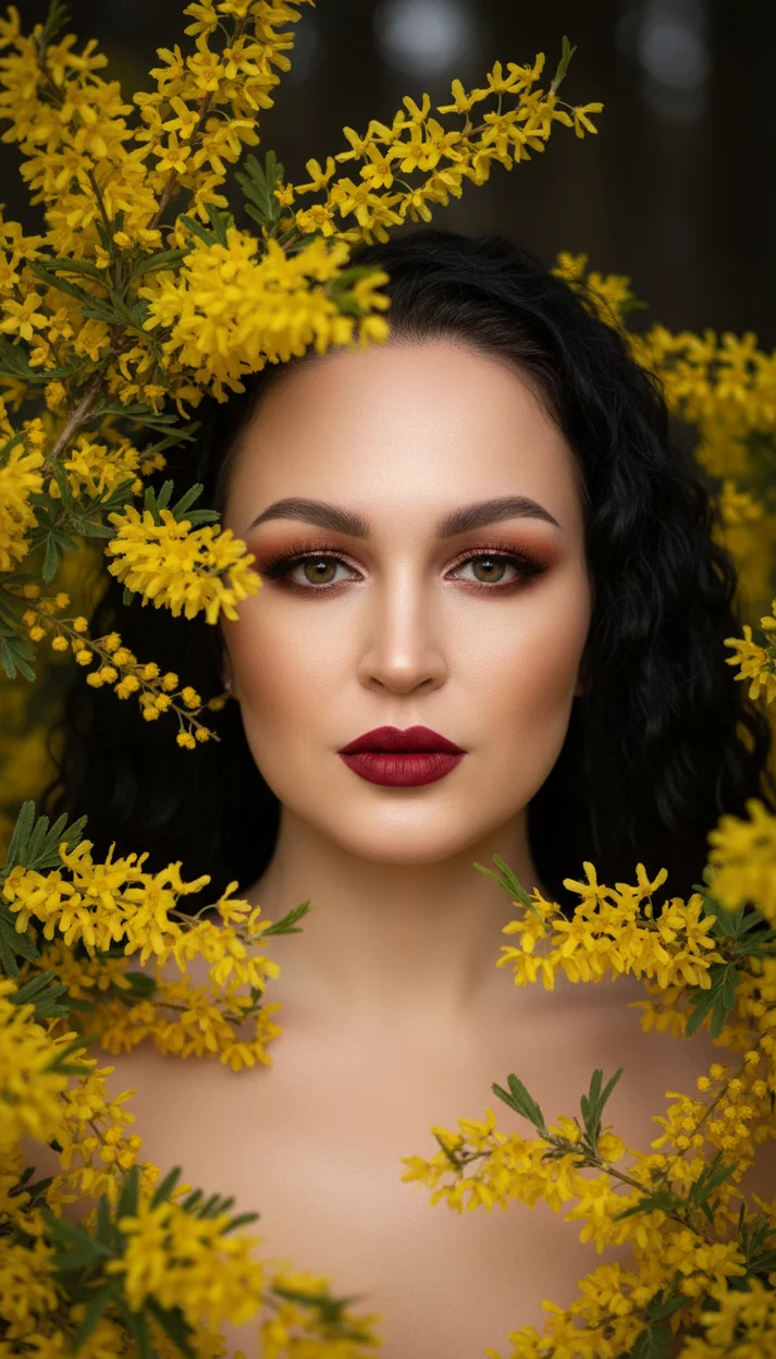  Девушка среди жёлтых цветов крупный портрет