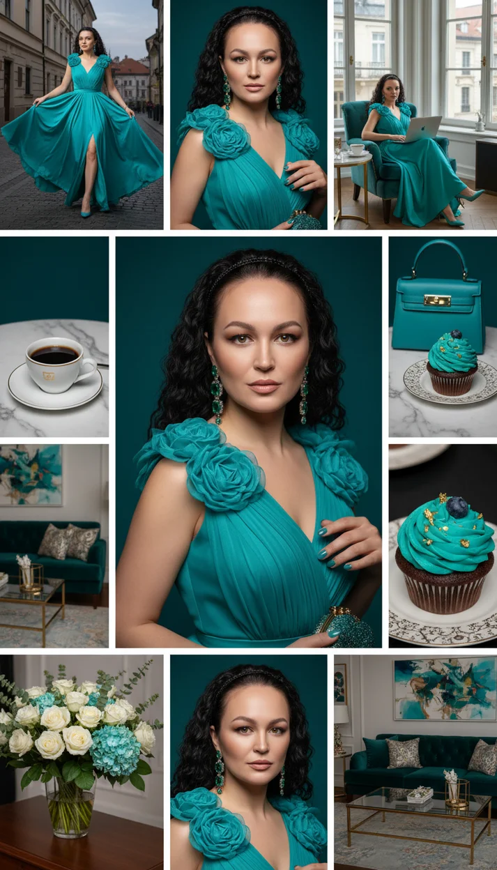 fashion-съёмка в стиле глянцевого журнала, вертикальный коллаж-moodboard с центральным крупным портретом