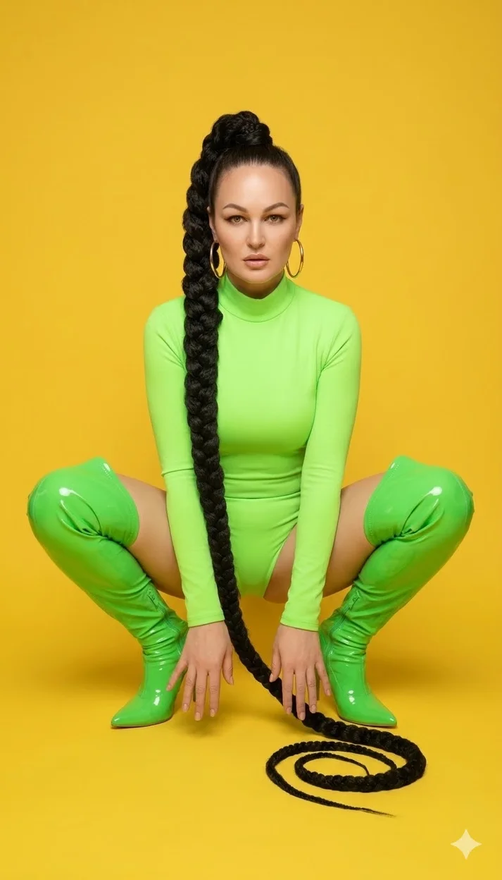Женщина в неоново-зелёном боди с заменой прически 