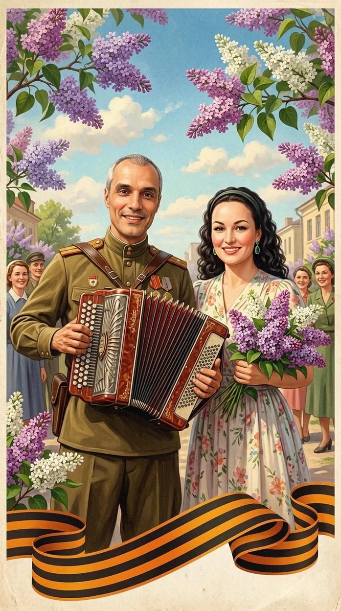  Ретро открытка ко Дню Победы с сиренью и аккордеоном