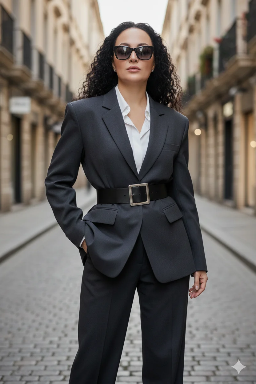 Городская fashion-съёмка в европейском стиле: женщина в тёмном костюме с акцентным ремнём на улице старого города