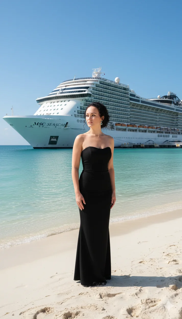 Девушка в чёрном платье на песчаном берегу на фоне лайнера