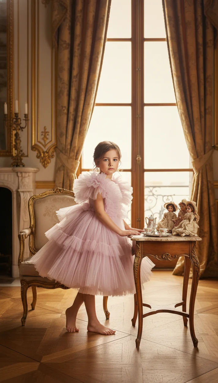  Ребёнок за антикварным чайным столиком в дворцовом интерьере