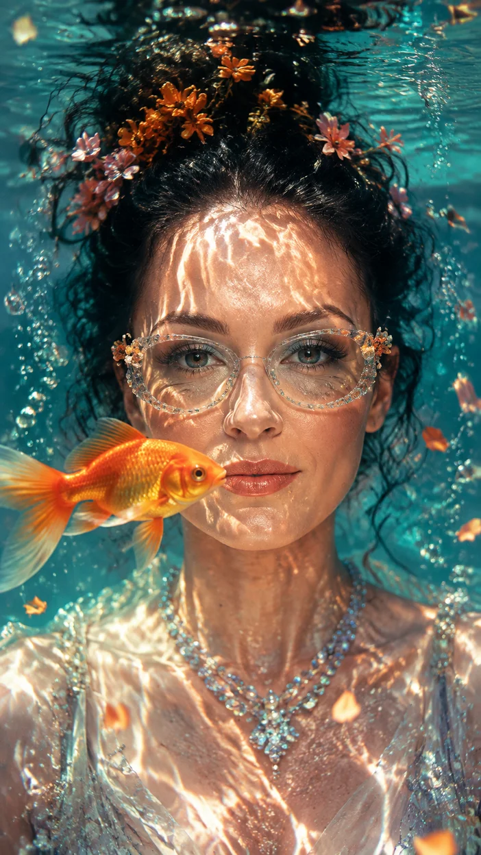 Фотосессия под водой с золотой рыбкой