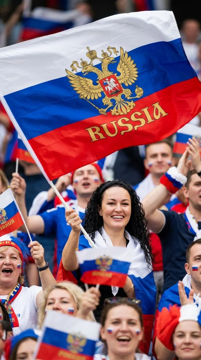 девочка стоит среди праздничной толпы и поднимает вверх большой флаг России