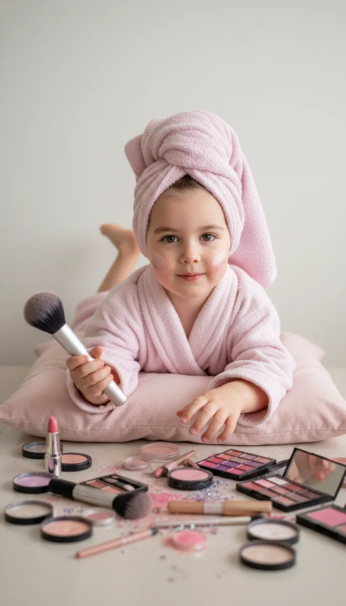 детская фотосессия с косметикой и розовым халатом