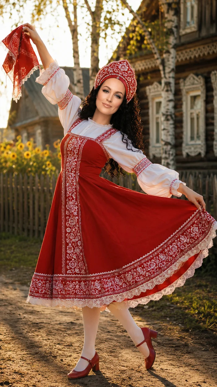 Фотосессия русской танцовщицы в красно-белом костюме