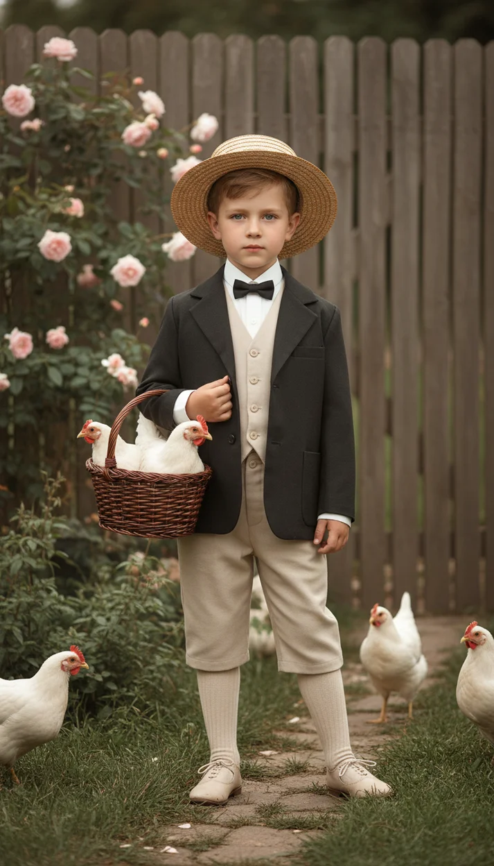 Ребёнок в винтажном костюме с корзиной кур на деревенском дворе