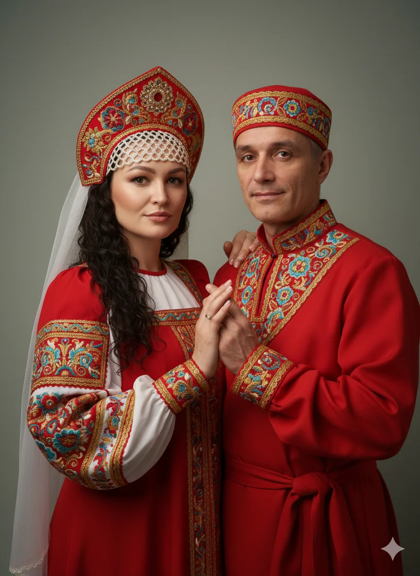 портрет по пояс пары в традиционных русских костюмах