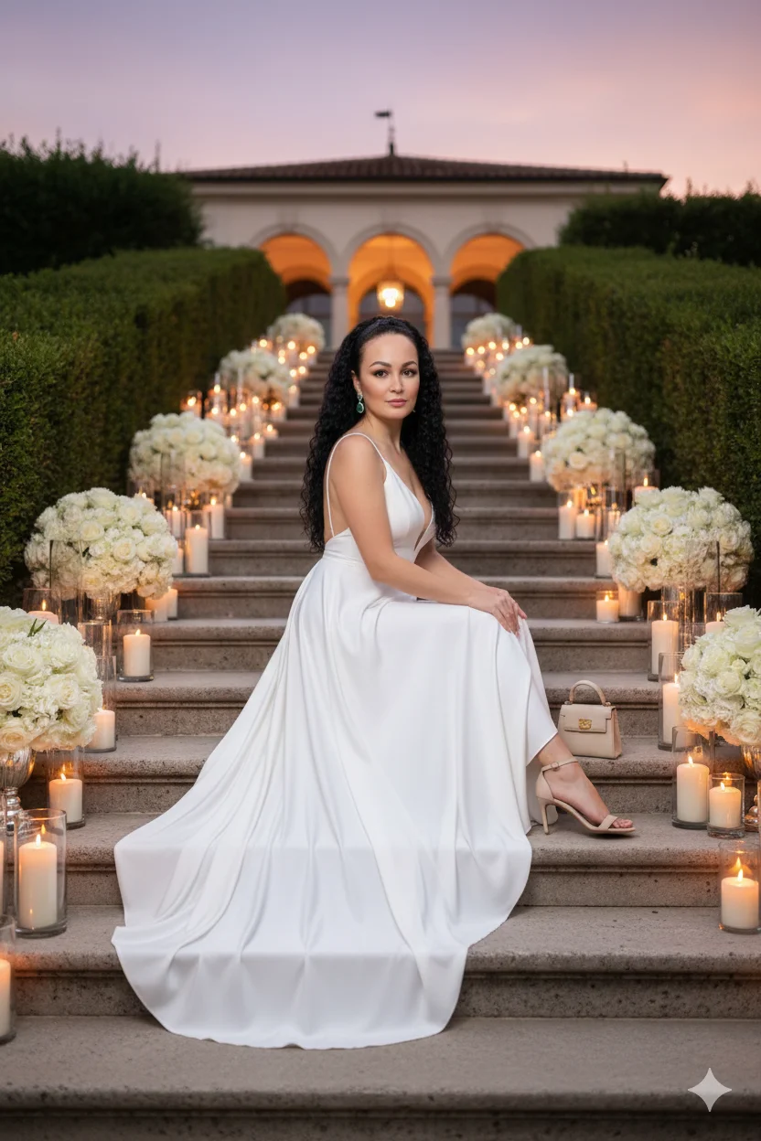 Женщина на ступенях виллы на закате в белом платье