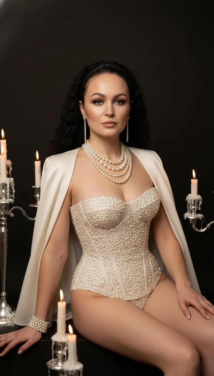 Девушка в студии с свечами в корсете из жемчуга 