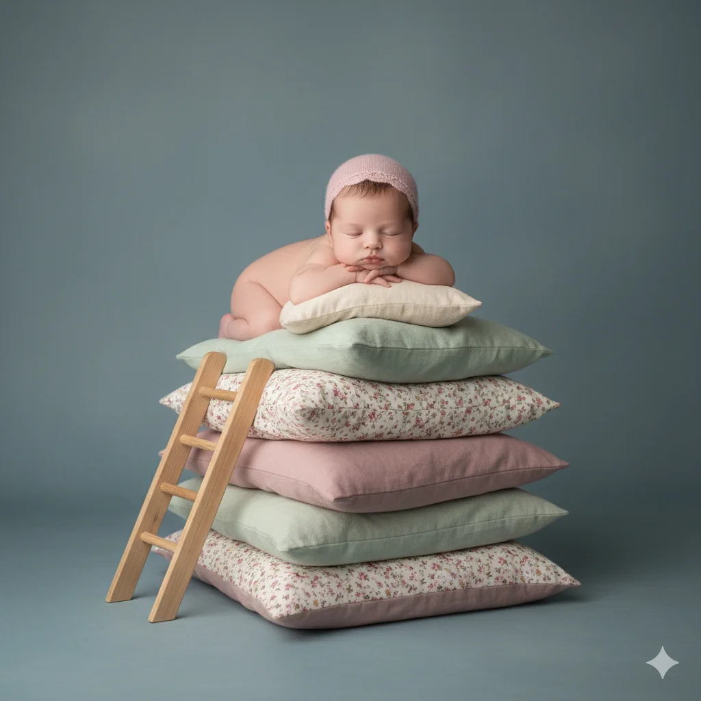 Малыш в розовом колпачке спит на стопке подушек с деревянной лестницей
