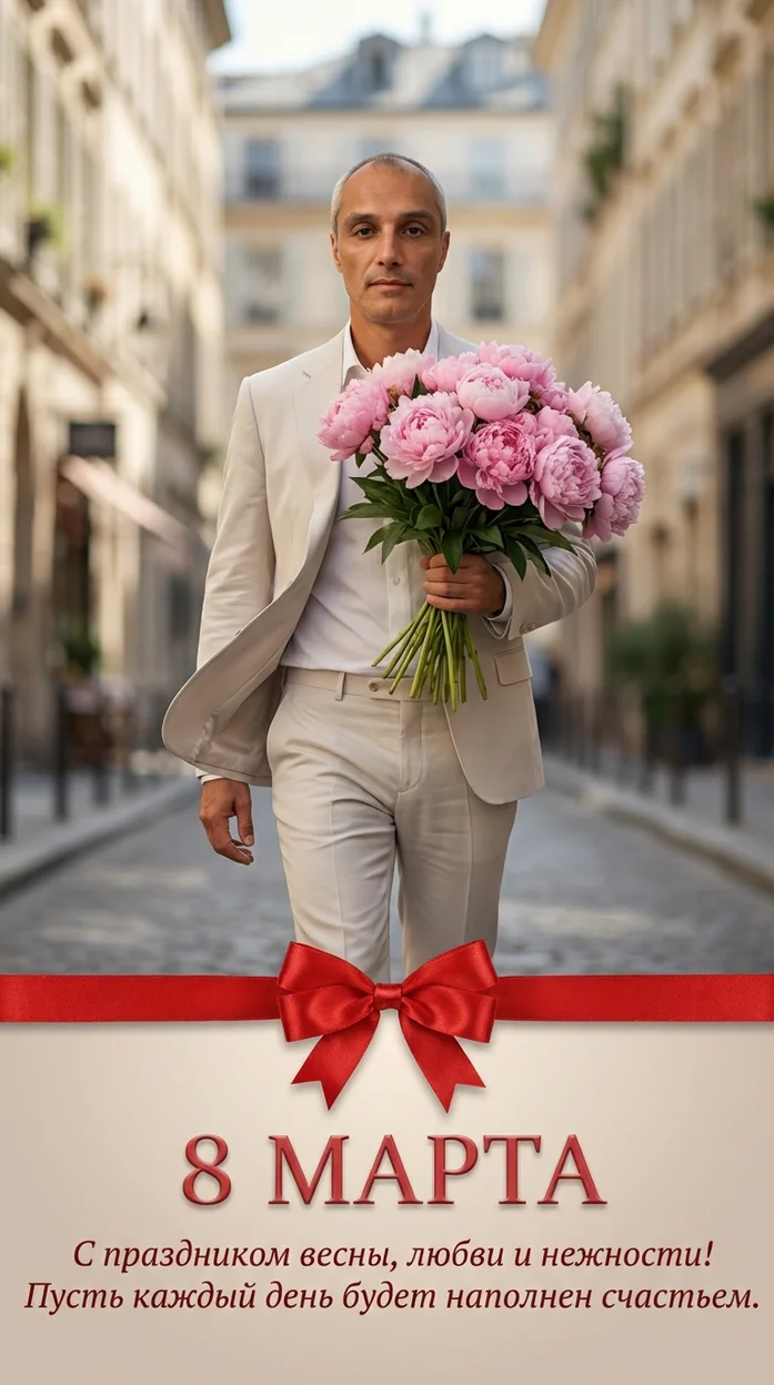 Стильный мужчина в светлом элегантном костюме поздравляет с 8 марта - открытка