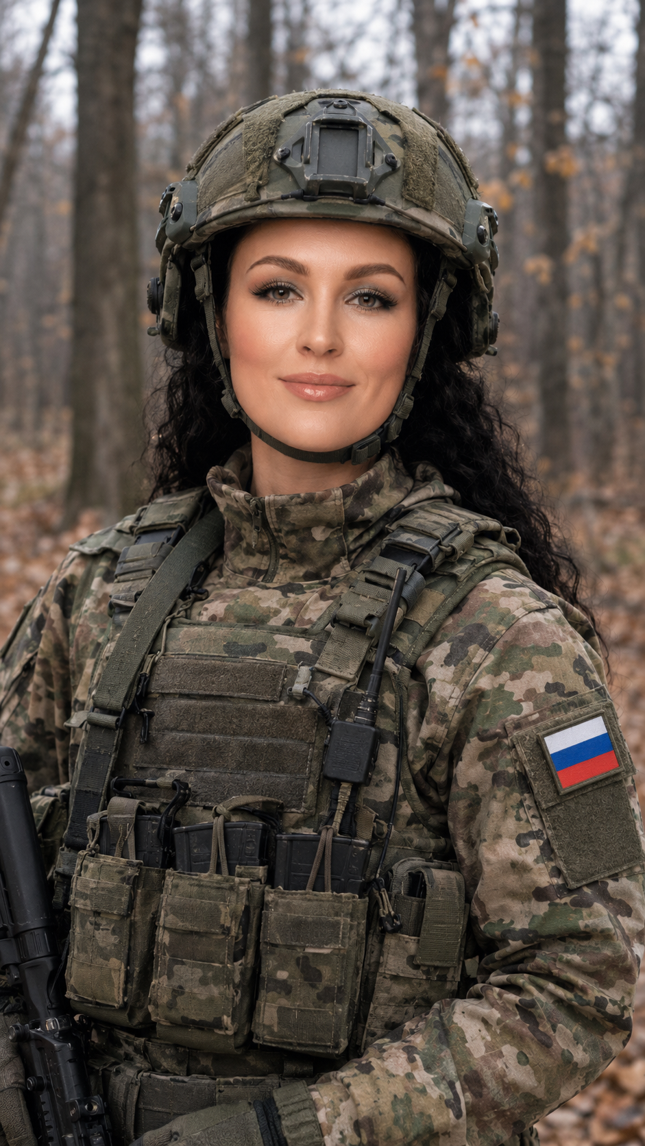 Фотосессия в осеннем лесу — девушка в русской военной форме и бронежилете среди опавших листьев