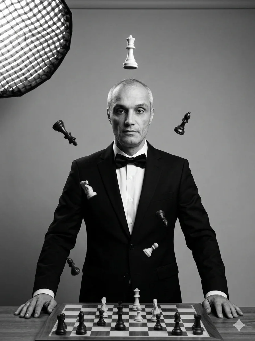 Мужчина в чёрном смокинге у шахматного стола с парящими фигурами
