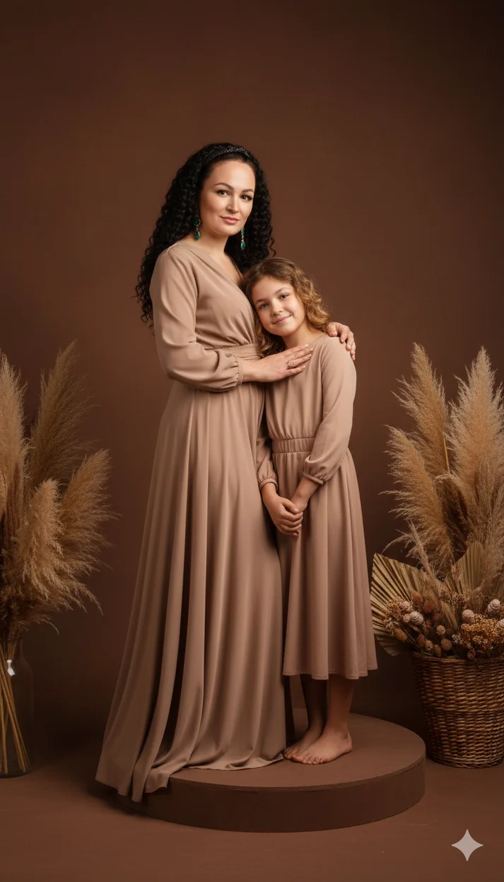 женщина и ребёнок стоят рядом на невысоком круглом подиуме