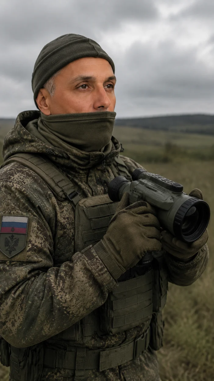 Фотосессия военного оператора с оптическим прибором 