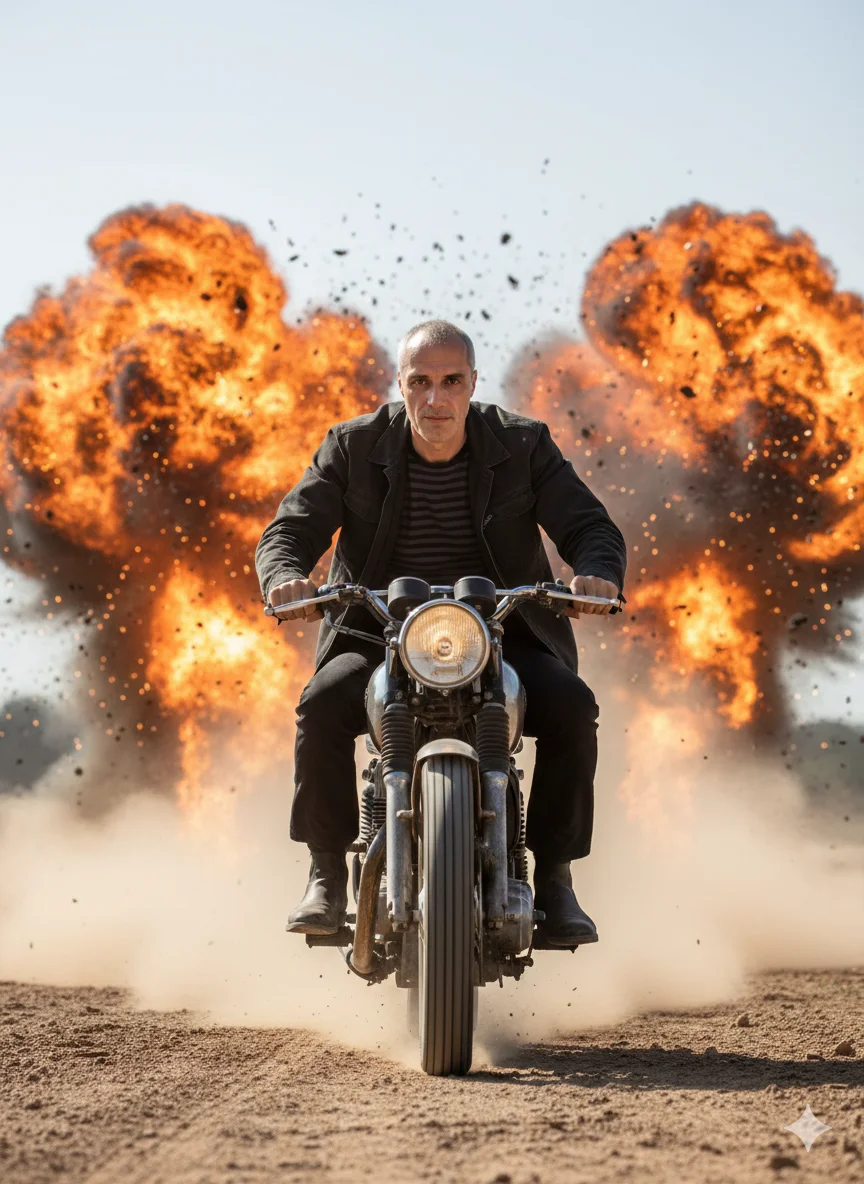 Мужчина на мотоцикле мчится вперёд на фоне огненных взрывов