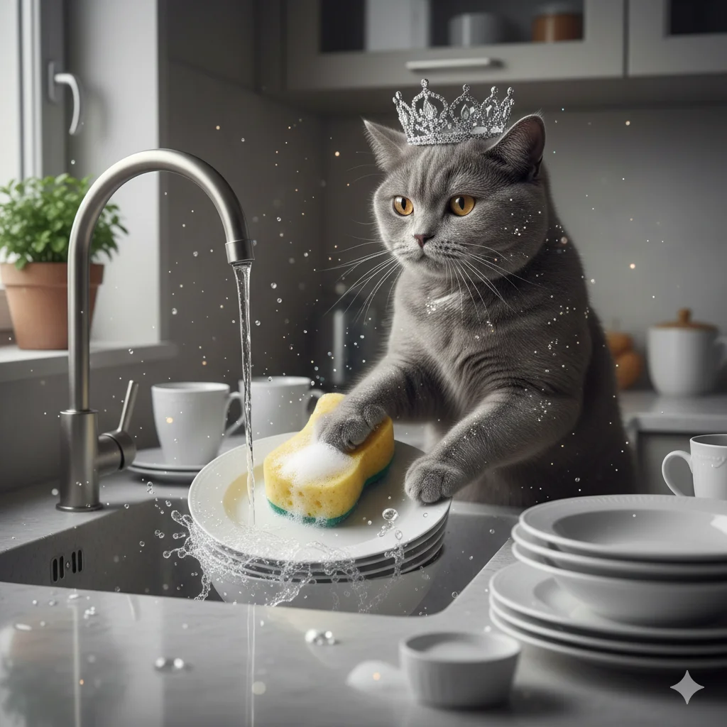 Животное в королевском образе с диадемой моет посуду у раковины в сказочной бытовой сцене