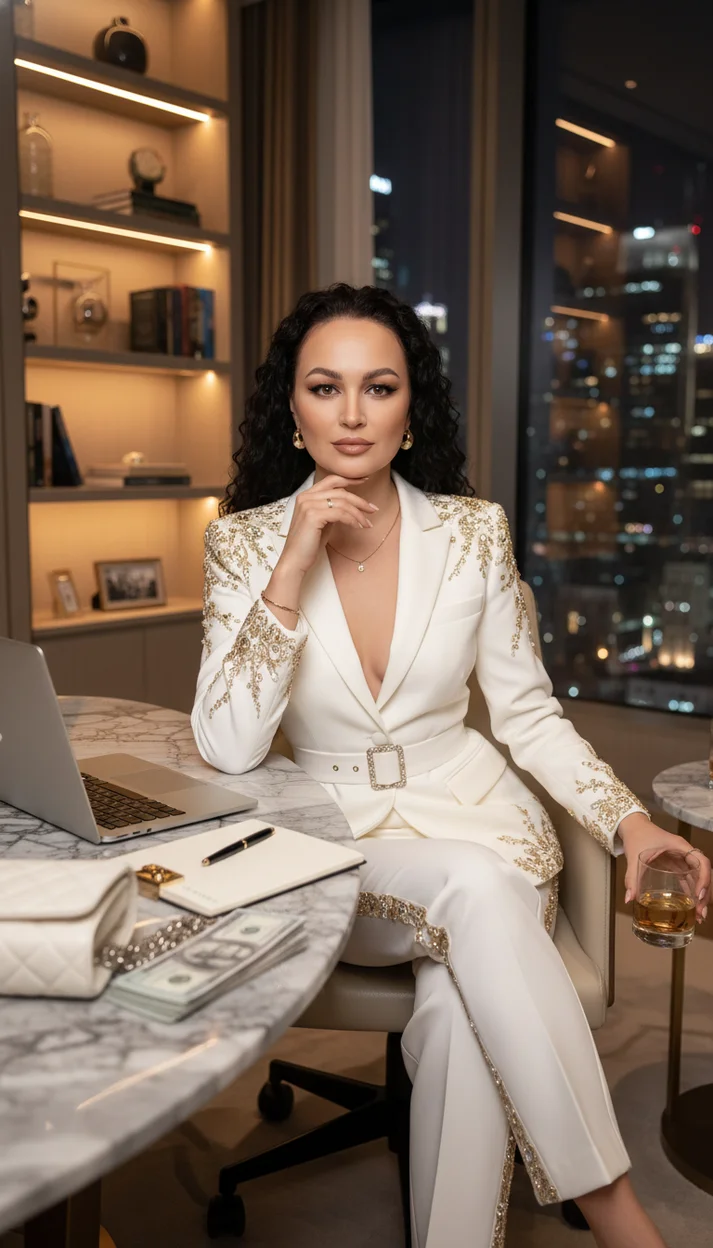 Женщина в белом брючном костюме с золотой вышивкой