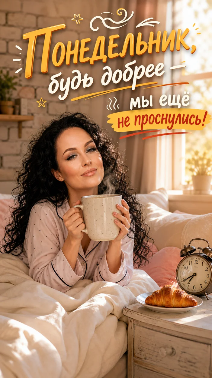 Фотооткрытка для всех с поздравлением "Понедельник, будь добрее — мы ещё не проснулись!"