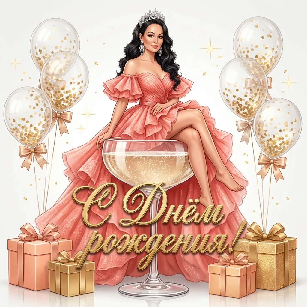День рождения — девушка в пышном коралловом платье на бокале шампанского - открытка 