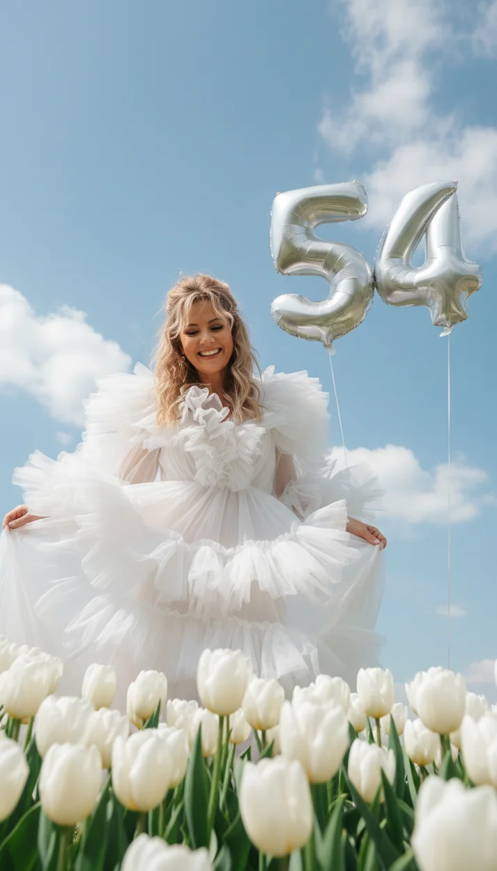 54 года — фотосессия с белыми тюльпанами и шарами