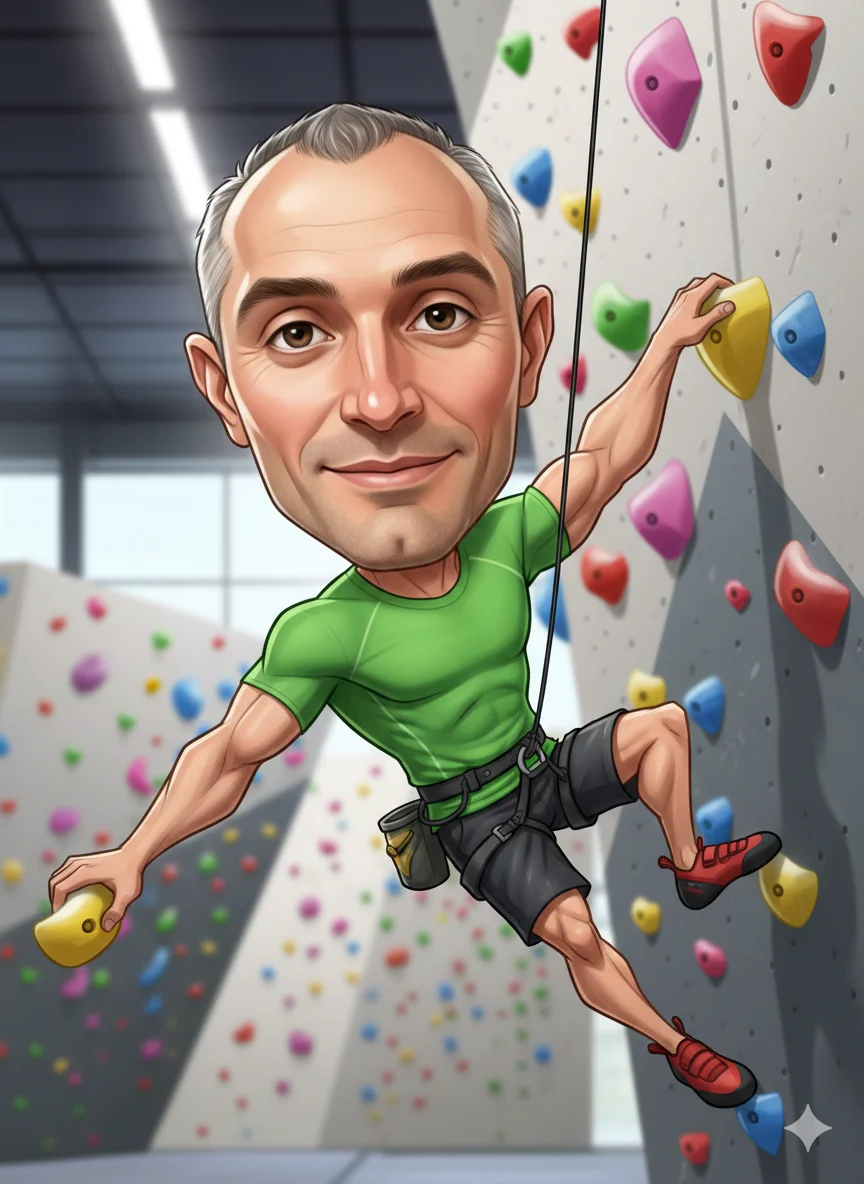 Спортивный мужчина взбирается по скалодрому  шарж по фото 