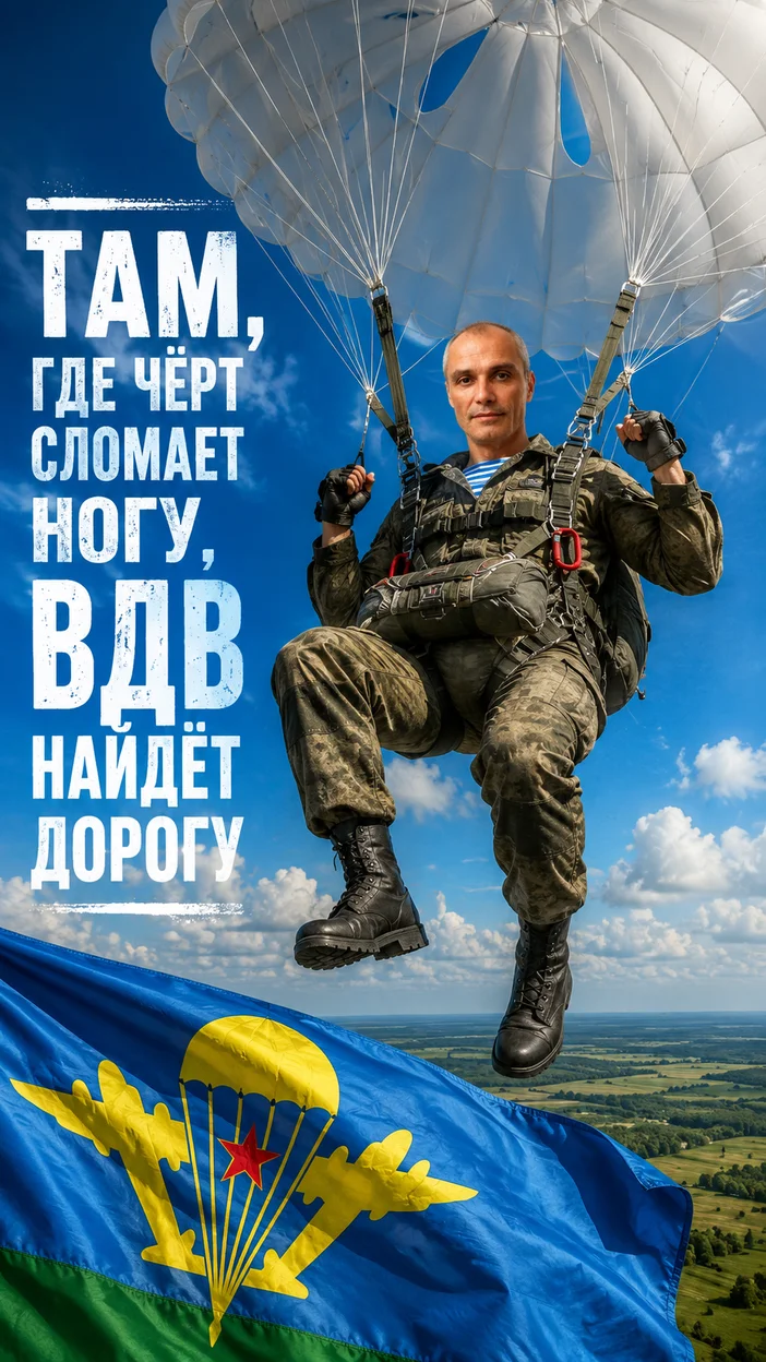 Фотосессия десантника под парашютом — плакат ВДВ